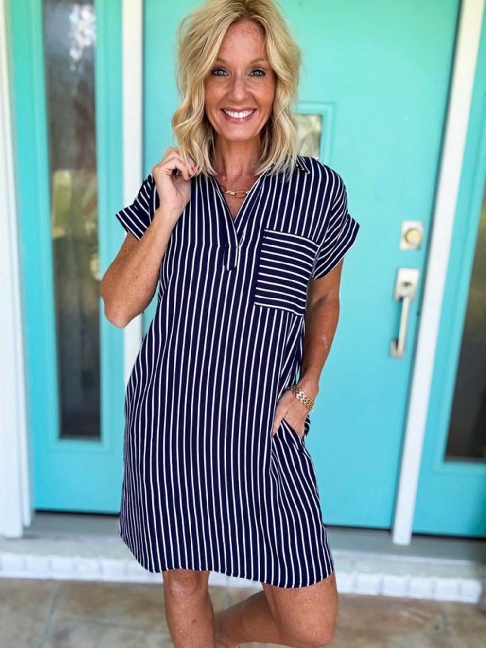 She + Sky Navy and White Striped Midi Dress